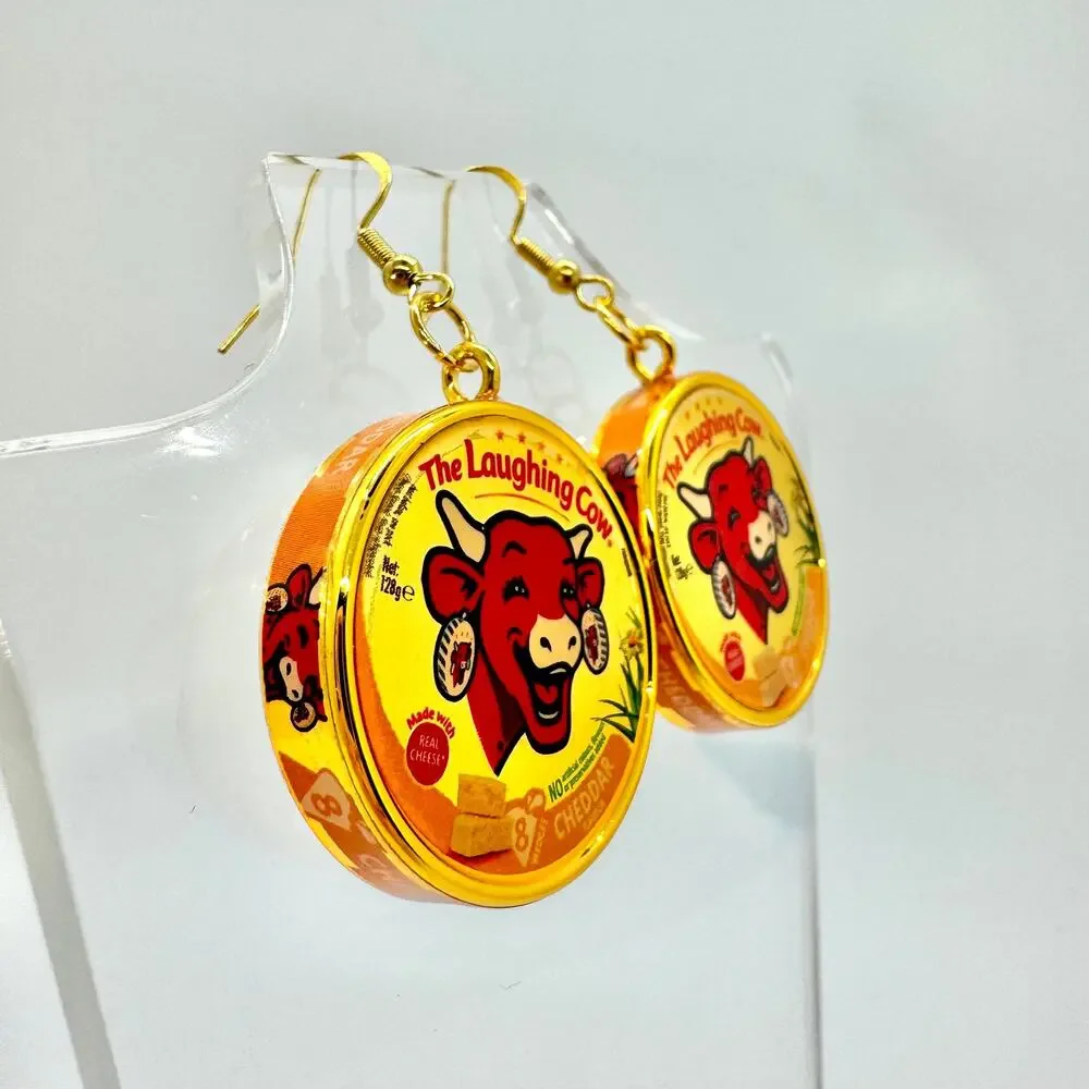 Gold Laughing Cow Earrings - Metallic Cheese Dangles - Playful Foodcore Style